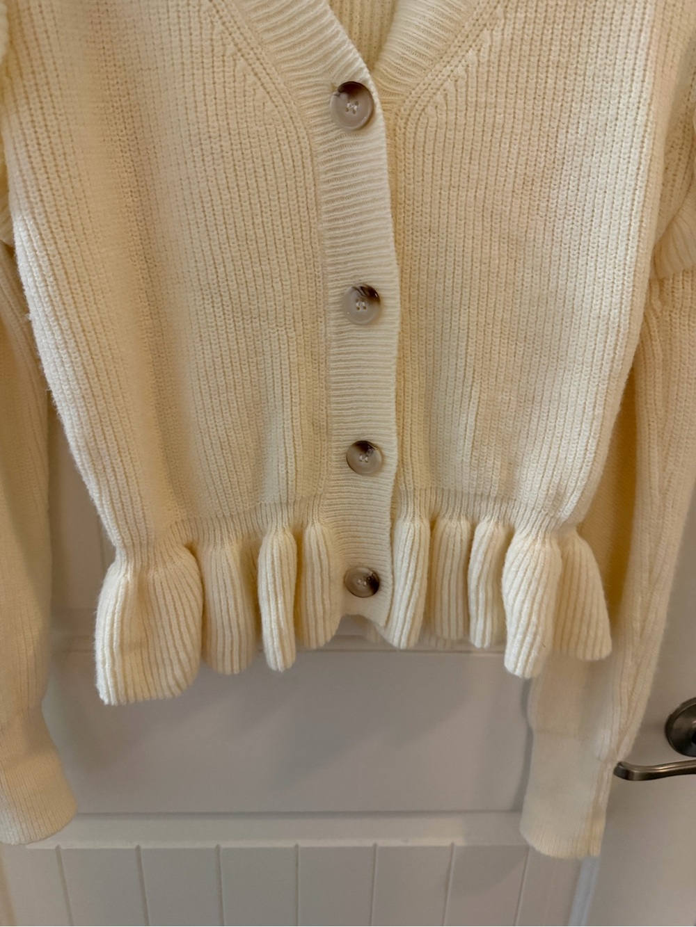 Fate Cream Ruffle-Trim V-Neck Cardigan - Picture 3 of 6